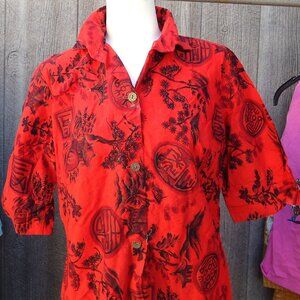 1960s Vintage Hawaiian Shirt Dress Cotton Red Black Gold Haoles San Francisco